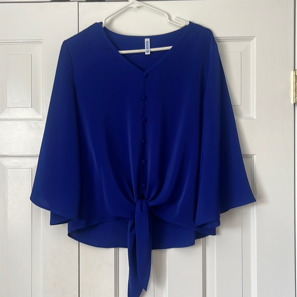 Royal blue flows sleeve blouse knit front with buttons medium perfect condition